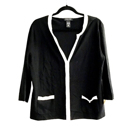 NEW YORK & COMPANY-WOMENS BLACK/TAN 3/4 SLEEVE BUTTON DOWN POCKETS SWEATER SZ XL - Picture 1 of 6